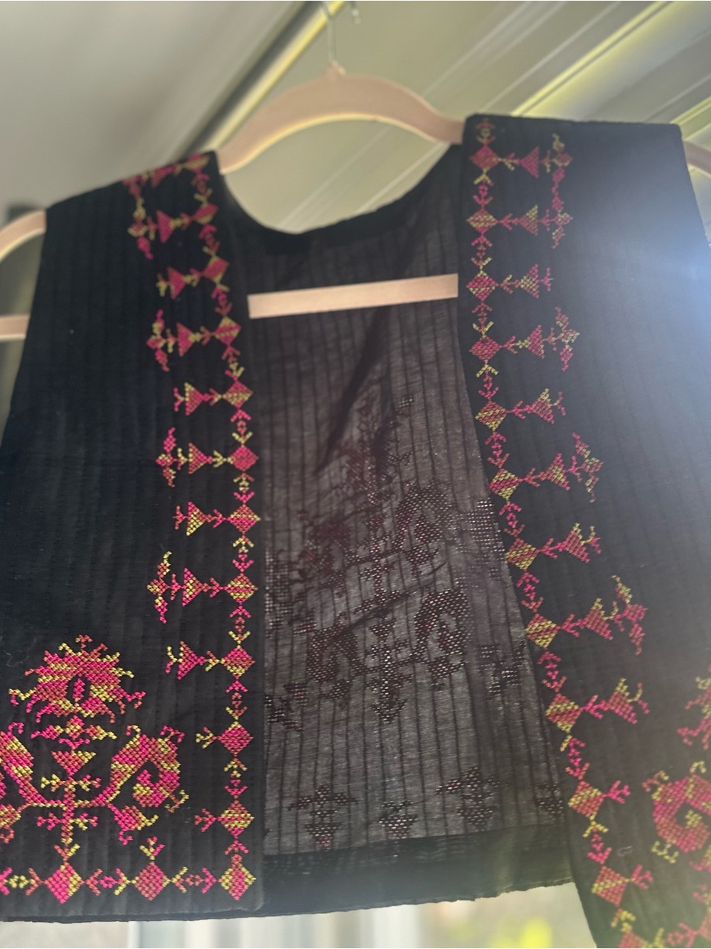 Embroidered Black Open Vest with Pink & Gold Accents